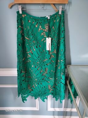 Tracy Reese Green Laser-Cut Midi Skirt